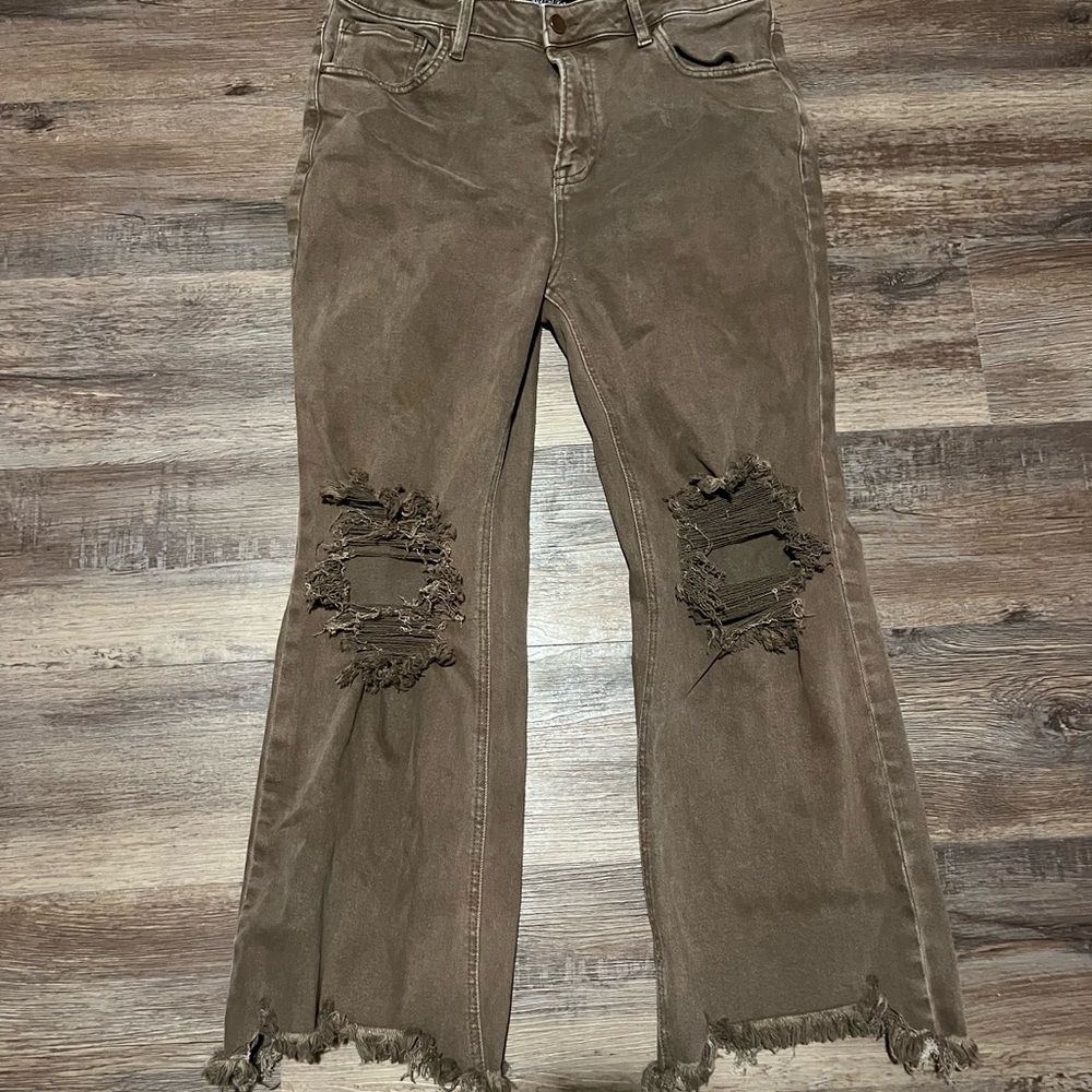 Risen Rudy cropped brown distressed high rise jeans